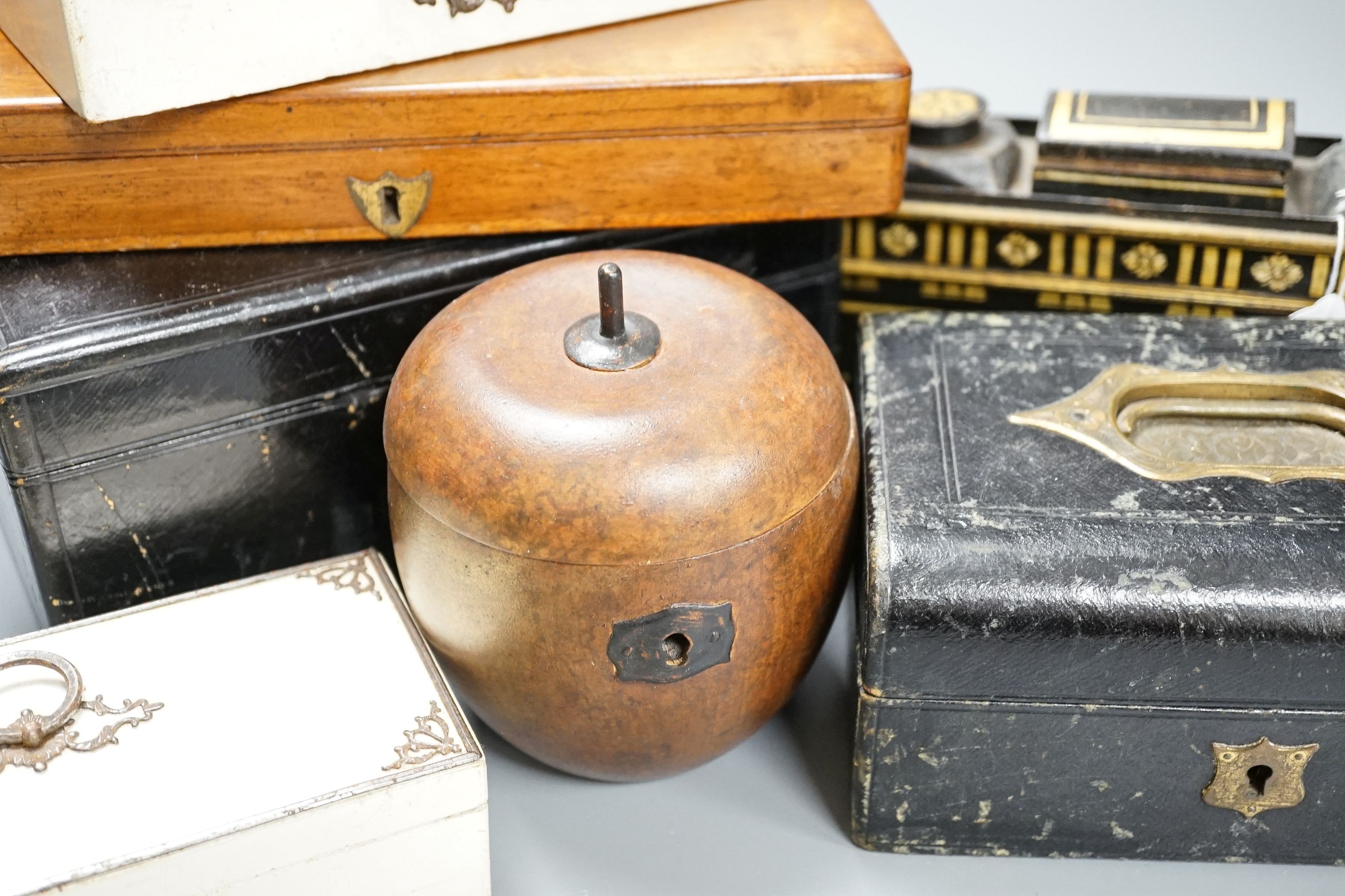 A Victorian Grecian revival toleware inkstand, width 20cm height 12cm, together with various pen boxes and Morocco leather covered boxes